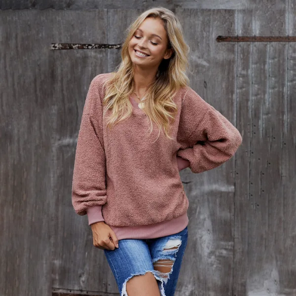 Comfortable Casual Fall Winter Candy Pink Plush Sweatshirts 2021 Scoop Neck Loose Long Sleeve Women Tops