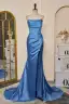Glamourös Meerjungfrau Meeresblau Gespaltete Front Ballkleider 2024 Rüschen Satin Spaghettiträger Ärmellos Reißverschluss Festliche Kleider Sweep / Pinsel Zug