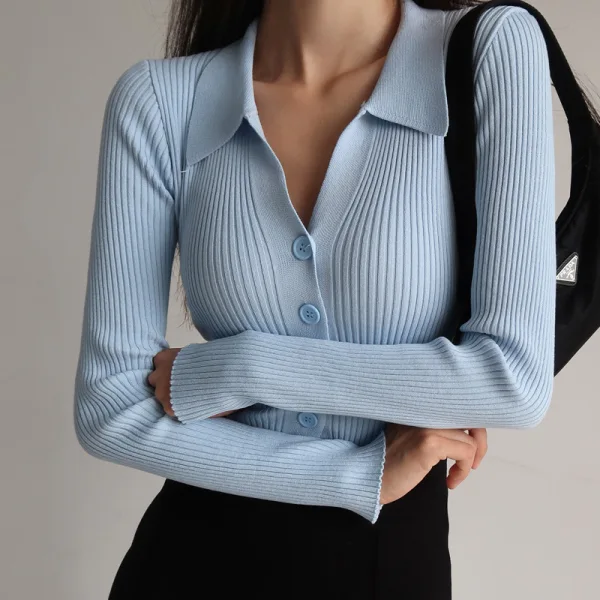 Sexy Sky Blue Fall Winter Street Wear Knitting Tight  Sweaters 2021 V-Neck Lapel  Long Sleeve Women Tops