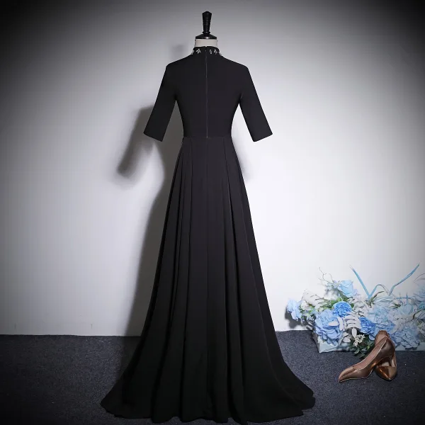 Vintage / Retro Black Rhinestone Lace Flower Prom Dresses 2023 A-Line / Princess High Neck 1/2 Sleeves Floor-Length / Long Prom Formal Dresses