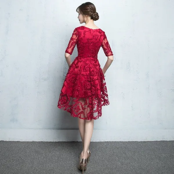 Chic / Beautiful Graduation Dresses 2017 Lace Scoop Neck 1/2 Sleeves Short Red A-Line / Princess