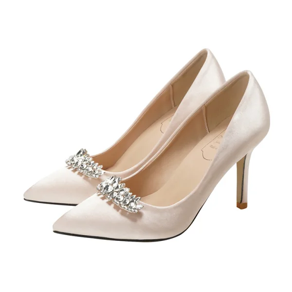 Mode Ivoire Faux Diamant Chaussure De Mariée 2020 Satin 9 cm Talons Aiguilles À Bout Pointu Mariage Escarpins