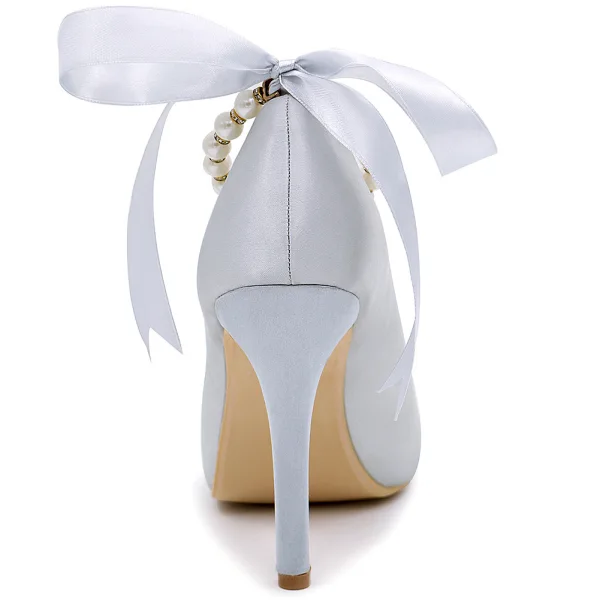 Edles Champagner Abend Satin Pumps 2020 Schleife Perle Knöchelriemen 11 cm Stilettos Peeptoes Pumps