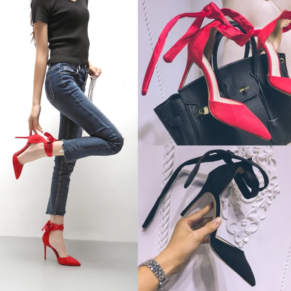 Stijlvolle Zwarte Avond Leer Sandalen Dames 2020 Suede Enkelband Strik 10 cm Naaldhakken / Stiletto Spitse Neus Sandalen
