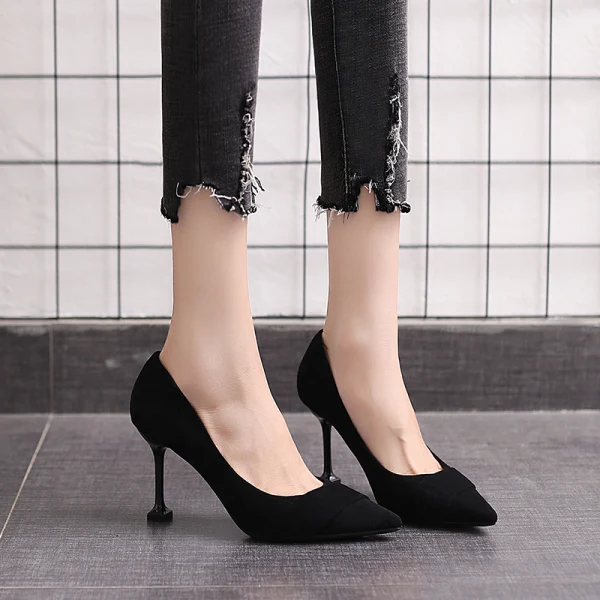 Simple Noire Bureau OL Daim Escarpins 2020 8 cm Talons Aiguilles À Bout Pointu Escarpins