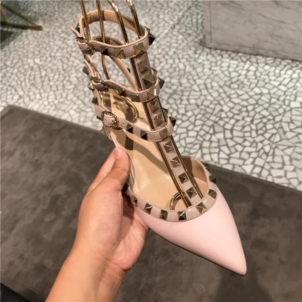 Sexy Black Street Wear Leather Womens Sandals 2020 Rivet 6 cm Stiletto Heels Pointed Toe Sandals