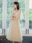 Chic / Beautiful Champagne Bridesmaid Dresses 2021 A-Line / Princess Scoop Neck Lace Flower Appliques Rhinestone Short Sleeve Backless Tea-length Wedding Party Dresses