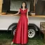 Modest / Simple Red Satin Bridesmaid Dresses 2021 A-Line / Princess Scoop Neck Bow Lace Flower 1/2 Sleeves Backless Floor-Length / Long Wedding Party Dresses