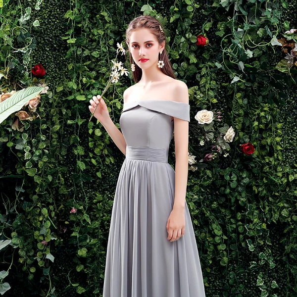 grey off the shoulder bridesmaid dress Beautiful Light Grey Chiffon Off Shoulder Party Dress, Long Grey Bride –  Cutedressy main image 0