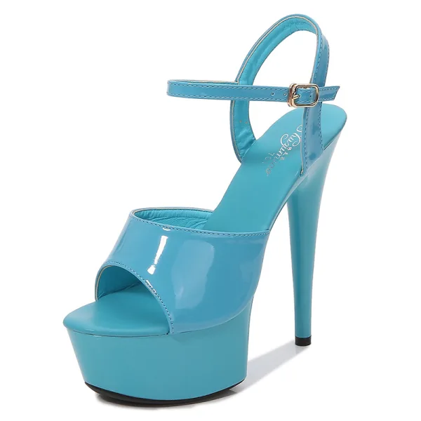 Sexy Schwarz Karneval Club Sandalen Damen 2020 Knöchelriemen 15 cm Stilettos Peeptoes Sandaletten