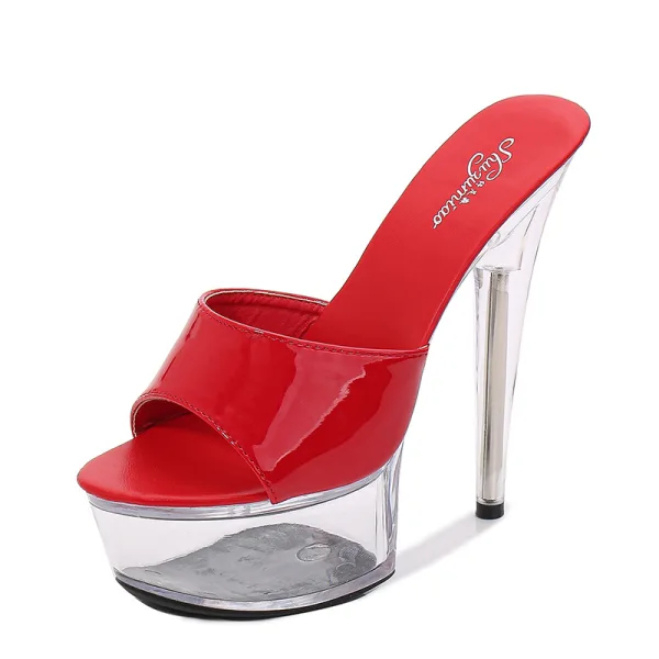 Sexy Black Rave Club Womens Sandals 2020 Patent Leather 15 cm Stiletto Heels Open / Peep Toe Sandals