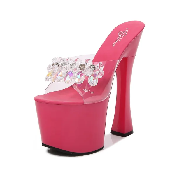 Sexy Blanche Club de carnaval Été Cristal Sandales Femme 2020 Faux Diamant 17 cm Talons Épais Peep Toes / Bout Ouvert Sandales