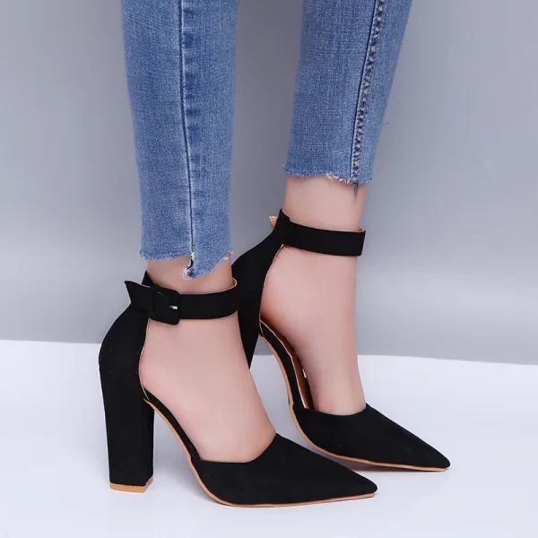 Prisvärd Brun Casual Sandaler Dam 2020 Ankelband 8 cm Tjocka Klackar Spetsiga Sandaler