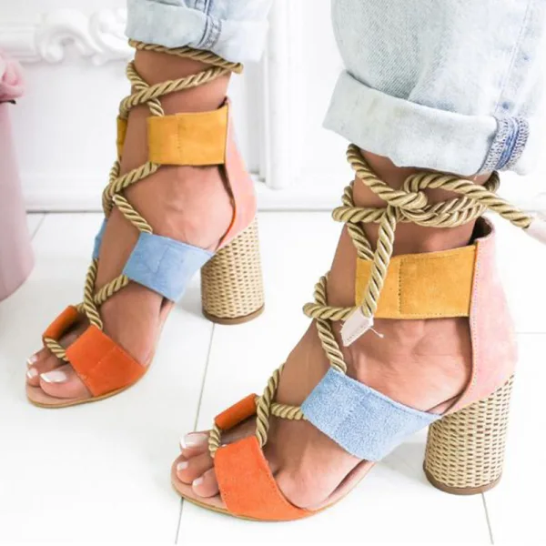 Fashion Yellow Street Wear Beach Womens Sandals 2020 Ankle Strap 7 cm Thick Heels Open / Peep Toe Sandals
