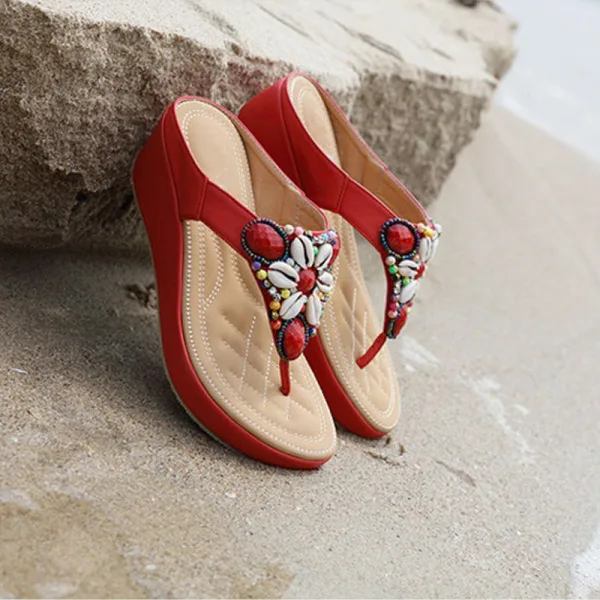 Bohême Rouge Plage Pantoufle & Tongs 2020 Cristal Faux Diamant Plateforme Peep Toes / Bout Ouvert Plat Chaussures Femmes