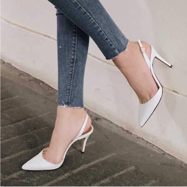Fashion White Office OL Slingbacks Womens Sandals 2020 10 cm Stiletto Heels Pointed Toe Sandals