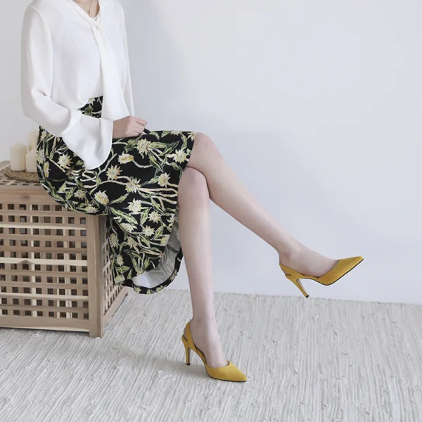 Chic / Beautiful Beige Street Wear Suede Slingbacks Womens Sandals 2020 10 cm Stiletto Heels Pointed Toe Sandals