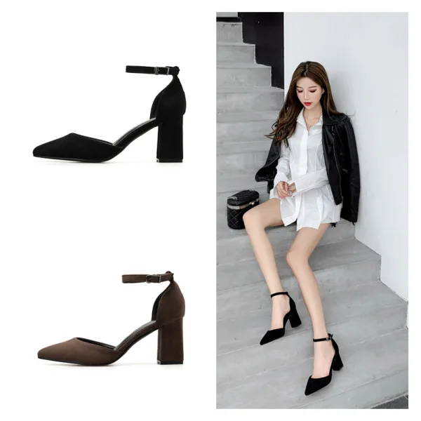 Sexy Brown Summer Street Wear Womens Sandals 2020 Suede Ankle Strap 8 cm Thick Heels Pointed Toe Sandals