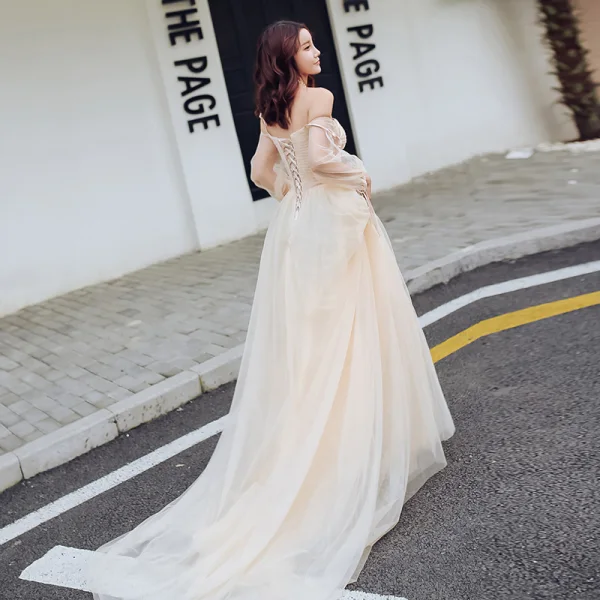 Charming Champagne Summer Prom Dresses 2018 Empire Spaghetti Straps Off-The-Shoulder Long Sleeve Chapel Train Ruffle Backless Formal Dresses