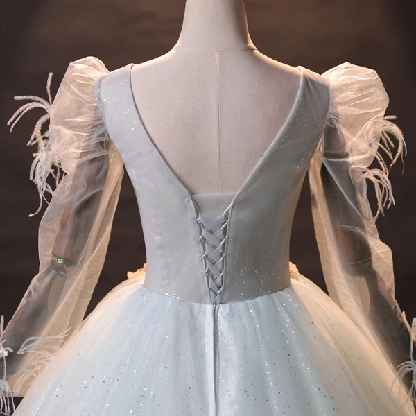 Style Audrey Hepburn Plumes Hiver Manches Longues Robe De Bal 2024 Gris Robe Boule Bretelles croisées Robe De Cérémonie