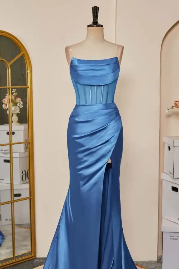 Glamourös Meerjungfrau Meeresblau Gespaltete Front Ballkleider 2024 Rüschen Satin Spaghettiträger Ärmellos Reißverschluss Festliche Kleider Sweep / Pinsel Zug