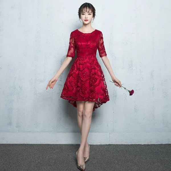 Chic / Beautiful Graduation Dresses 2017 Lace Scoop Neck 1/2 Sleeves Short Red A-Line / Princess