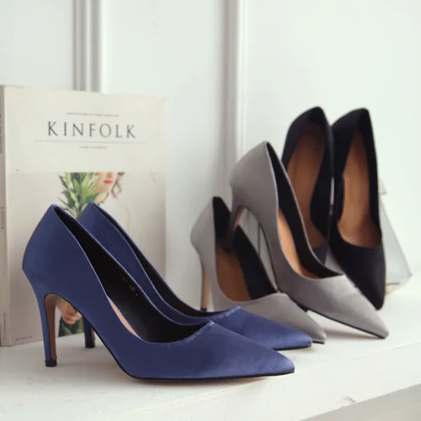 Simple Noire Demoiselle D'honneur Escarpins 2020 Satin 10 cm Talons Aiguilles À Bout Pointu Escarpins