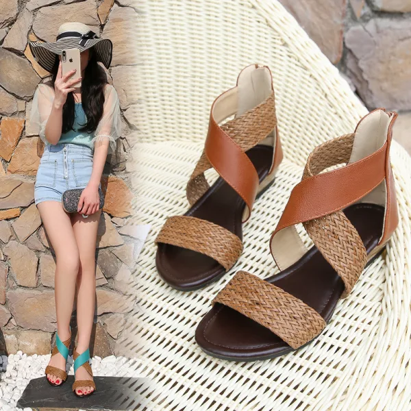 Bohemliv Sommar Röd Stranden Fläta Sandaler Dam 2020 4 cm Låg Klack Peep Toe Sandaler