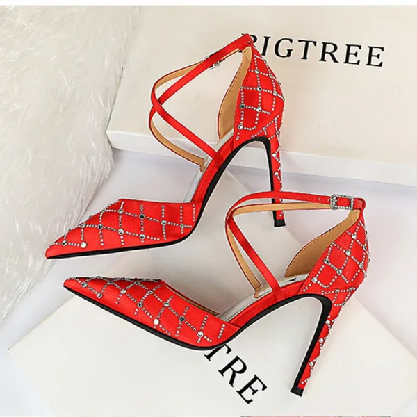 Charming Champagne Rhinestone Evening Party Womens Shoes 2020 Satin X-Strap 10 cm Stiletto Heels Pointed Toe Sandals