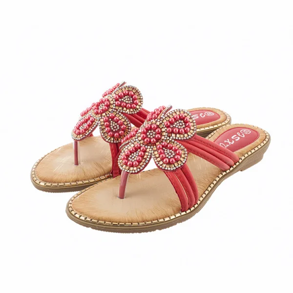 Chic / Beautiful Summer Black Casual Flat Womens Sandals 2020 Pearl Rhinestone Open / Peep Toe Sandals
