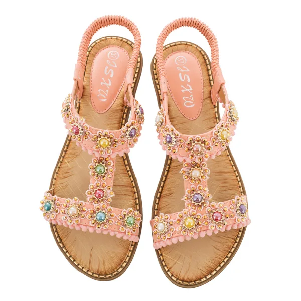 Böhmen Sommer Rosa Strand Sandalen Damen 2020 Perle Strass Peeptoes Flache Sandaletten