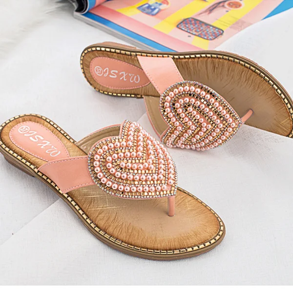 Schöne Schwarz Freizeit Perle Strass Sandalen Damen 2020 Peeptoes Flache Sandaletten