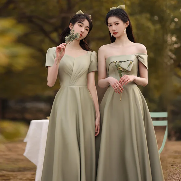 Modest / Simple Sage Green Bridesmaid Dresses 2021 A-Line / Princess Off-The-Shoulder Short Sleeve Backless Floor-Length / Long Wedding Party Dresses