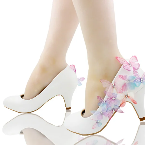 Chic / Beautiful White Wedding Shoes 2018 Leather Butterfly Rhinestone 14 cm Stiletto Heels Round Toe Wedding Pumps