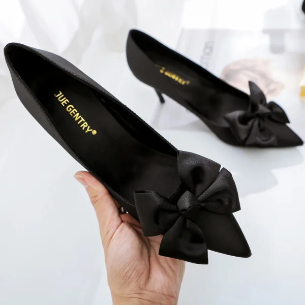 Elegant Burgundy Prom Satin Pumps 2020 Leather Bow 8 cm Stiletto Heels Pointed Toe Pumps