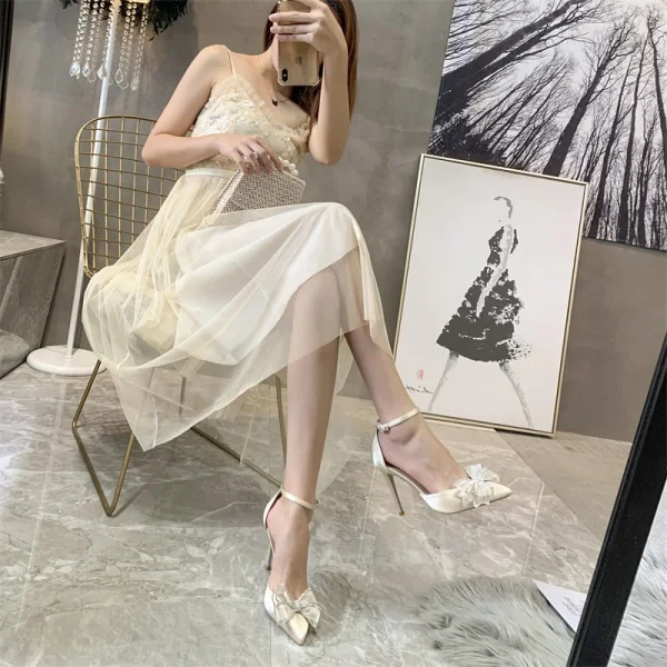 Fashion Beige Evening Party Womens Sandals 2020 Leather Rhinestone Bow Ankle Strap 9 cm Stiletto Heels Pointed Toe Sandals