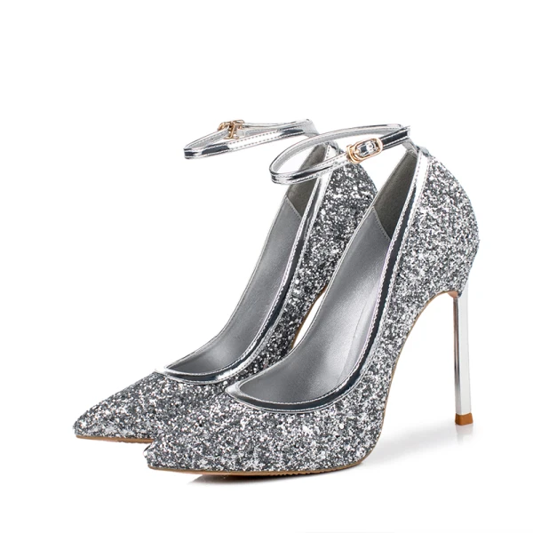 Scintillantes Noire Soirée Paillettes Escarpins 2020 Bride Cheville 12 cm Talons Aiguilles À Bout Pointu Escarpins