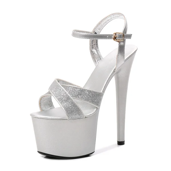 Chic / Belle Noire Club de carnaval Paillettes Sandales Femme 2020 Bride Cheville 15 cm Talons Aiguilles Peep Toes / Bout Ouvert Sandales