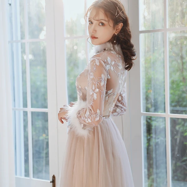 Chinese style Elegant Blushing Pink Embroidered Bridesmaid Dresses 2021 A-Line / Princess Scoop Neck 3/4 Sleeve Floor-Length / Long Wedding Party Dresses