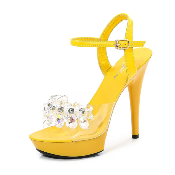 Sexy Noire Club de carnaval Faux Diamant Sandales Femme 2020 Bride Cheville 15 cm Talons Aiguilles Peep Toes / Bout Ouvert Sandales