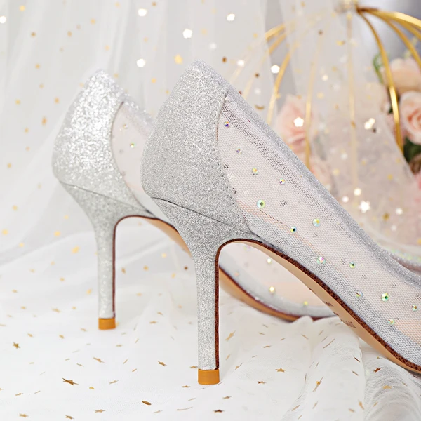 Glittrande Silver Brudskor 2020 Rhinestone Paljetter 9 cm Stilettklackar Spetsiga Bröllop Pumps
