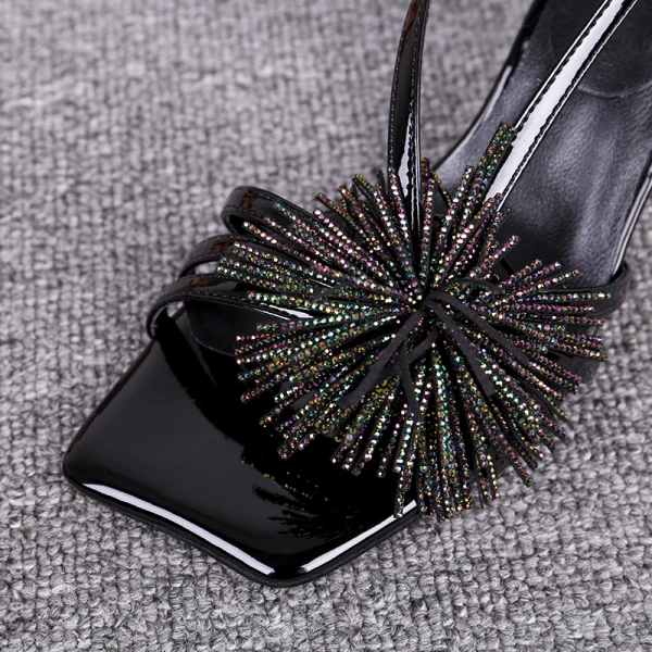 Sexy Noire Vêtement de rue Slingbacks Sandales Femme 2020 Cuir Faux Diamant Gland 6 cm Talons Épais Peep Toes / Bout Ouvert Sandales