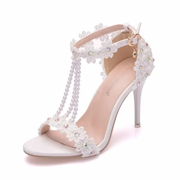 Chic / Beautiful Ivory Prom Womens Sandals 2020 Ankle Strap Lace Flower Pearl T-Strap 9 cm Stiletto Heels Open / Peep Toe Sandals