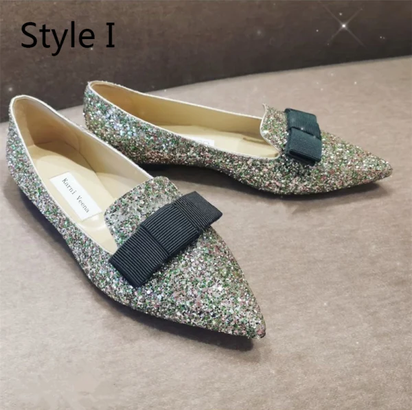 Sparkly Gradient-Color Prom Flat Womens Shoes 2020 Sequins Bow Pointed Toe Heels