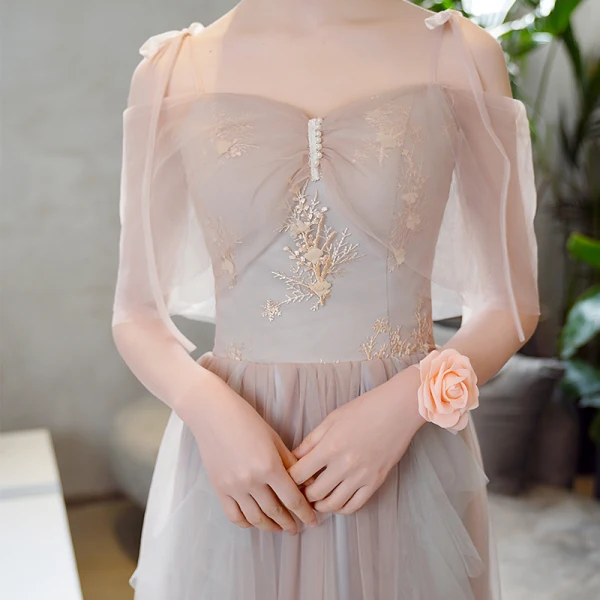 Modern / Fashion Blushing Pink Lace Flower Bridesmaid Dresses 2021 A-Line / Princess Scoop Neck Short Sleeve Backless Floor-Length / Long Bridesmaid Wedding Party Dresses
