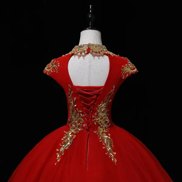 Élégant Rouge Robe De Bal 2022 Robe Boule V-Cou Perlage Perle Paillettes Mancherons Dos Nu Longue Robe De Ceremonie