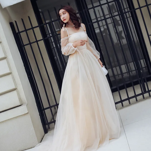 Charming Champagne Summer Prom Dresses 2018 Empire Spaghetti Straps Off-The-Shoulder Long Sleeve Chapel Train Ruffle Backless Formal Dresses