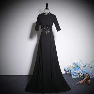 Vintage Svart Rhinestone Blonder Blomst Ballkjoler 2023 Prinsesse Høy Hals 1 2 Ermer Lange Ball Formelle Kjoler