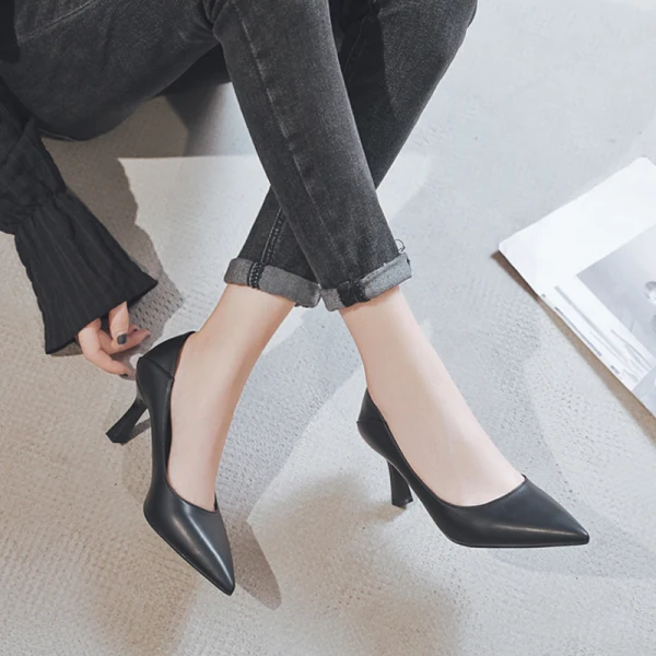 Simple Noire Bureau OL Escarpins 2020 Cuir 5 cm Talons Aiguilles À Bout Pointu Escarpins