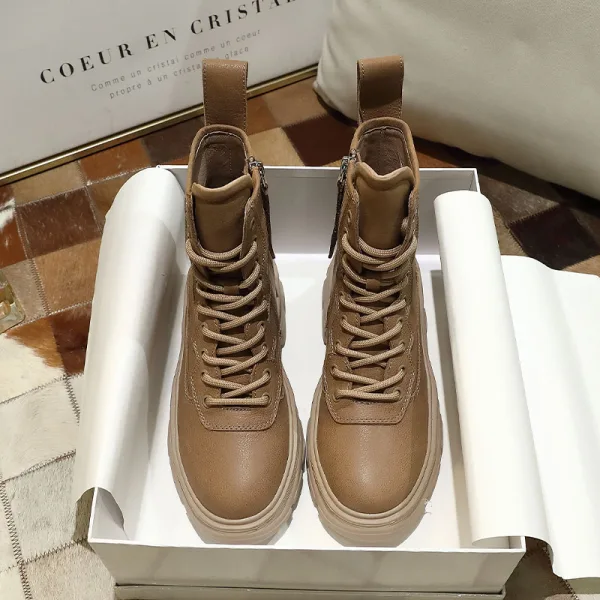 Fashion Chic / Beautiful Winter Tan Street Wear Leather Womens Boots 2020 Ankle Round Toe Boots